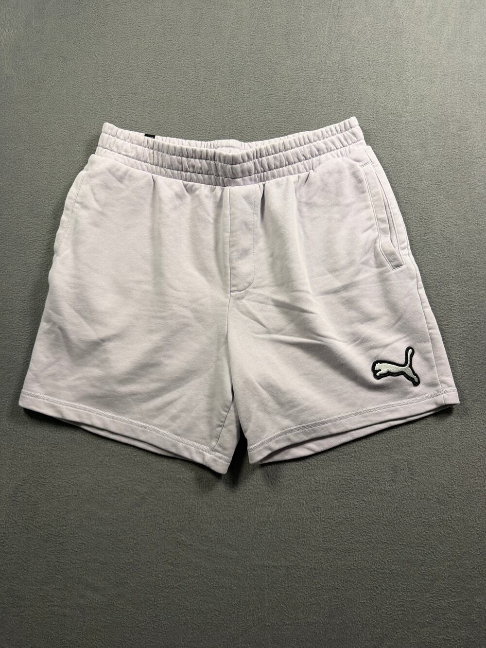 Puma Men's Light Gray Faux Embroidered Logo Cat Fleece Sweat Shorts Size Large
